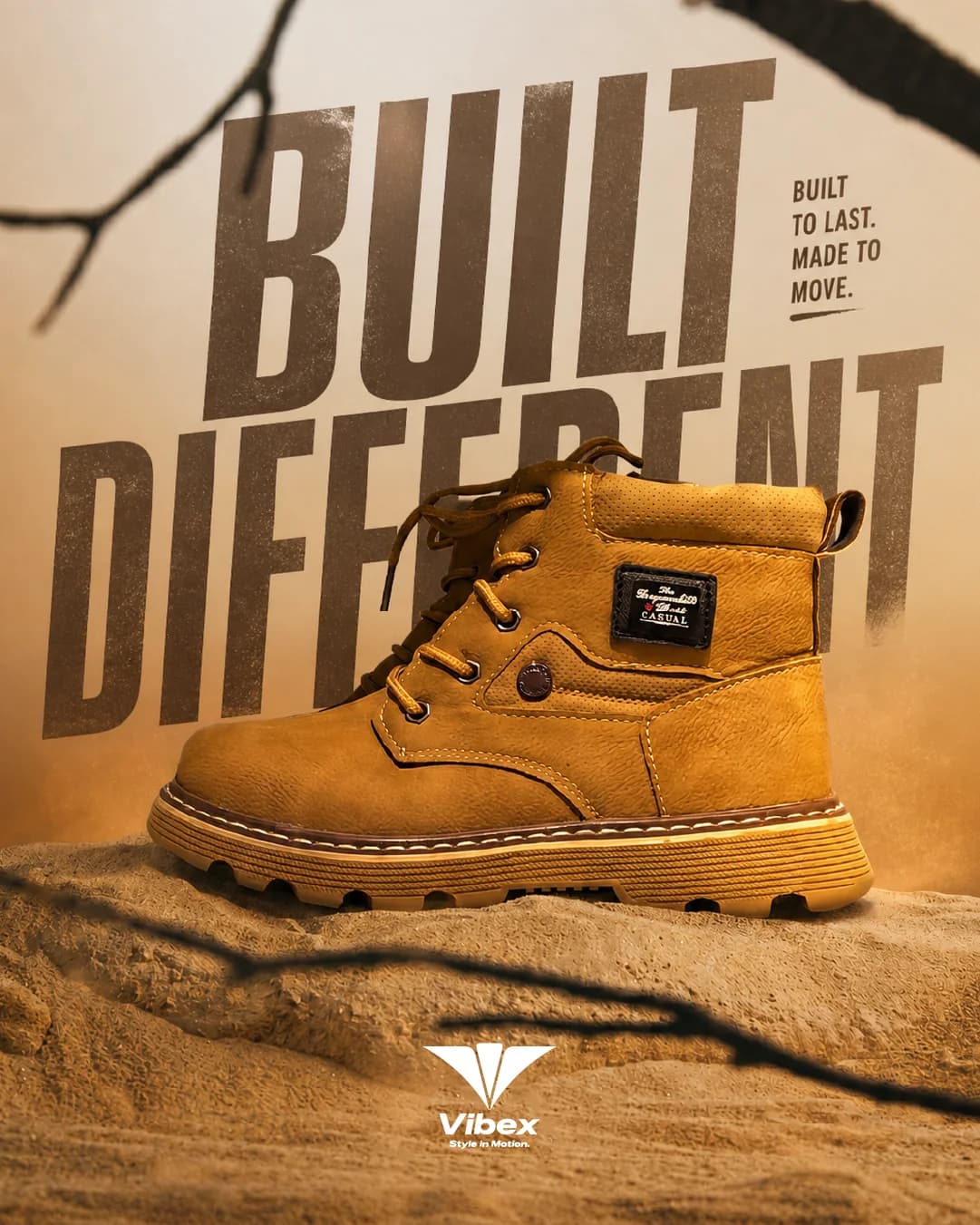VibeX footwear campaign featuring a tan boot