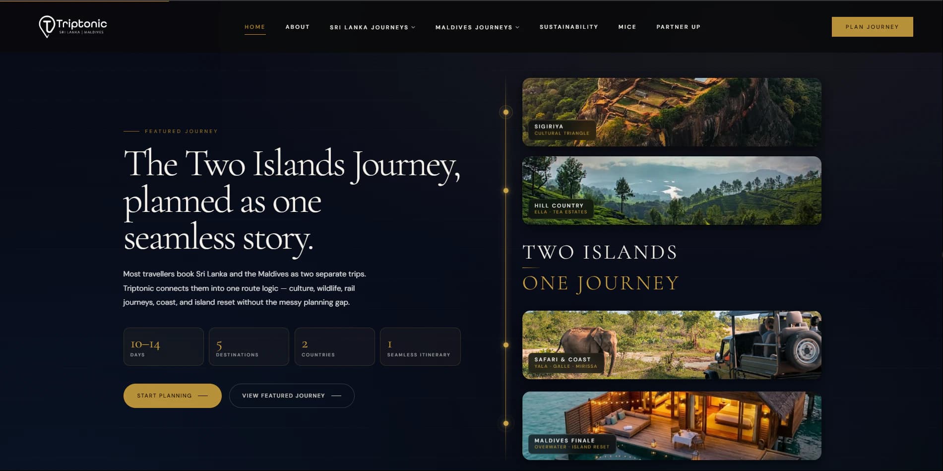 Triptonic travel website homepage featuring a combined Sri Lanka and Maldives journey
